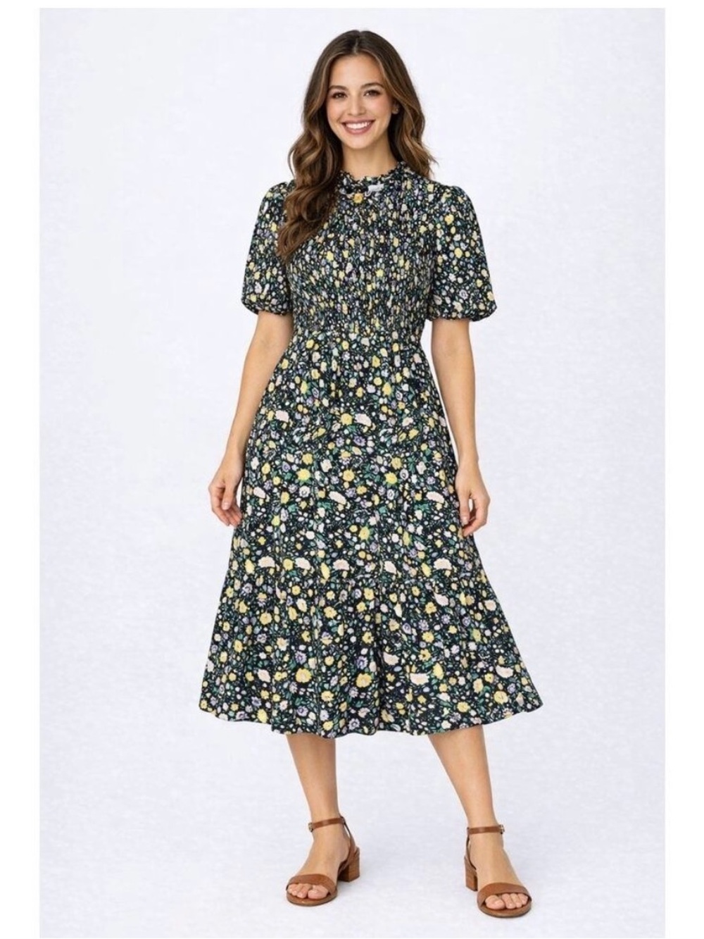 Hyacinth House Tuckernuck Samantha Smocked Black Floral Midi Dress XS tiered